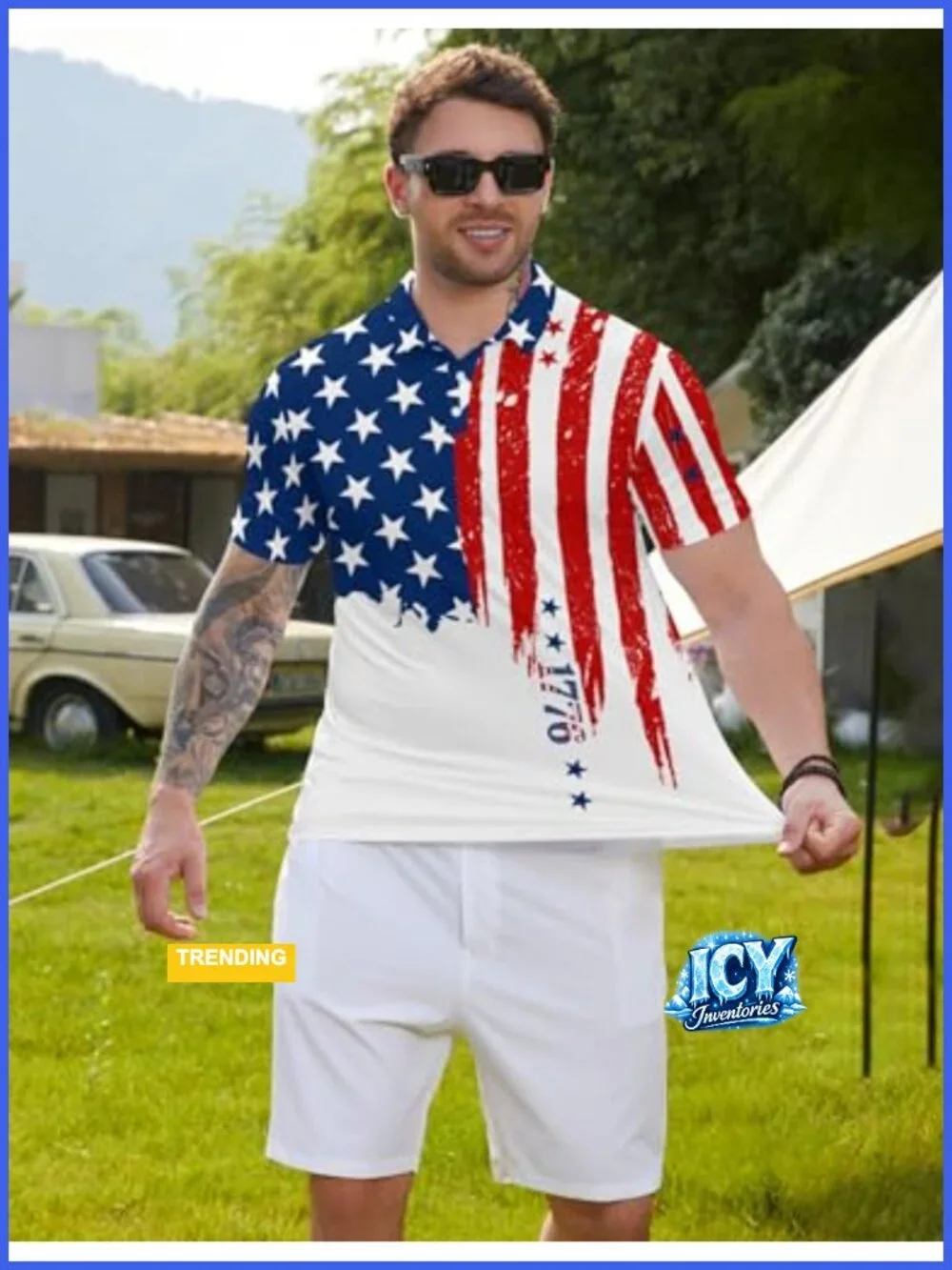 Men's Patriotic Print Polo Shirt Quick Dry Short Sleeve Golf Top